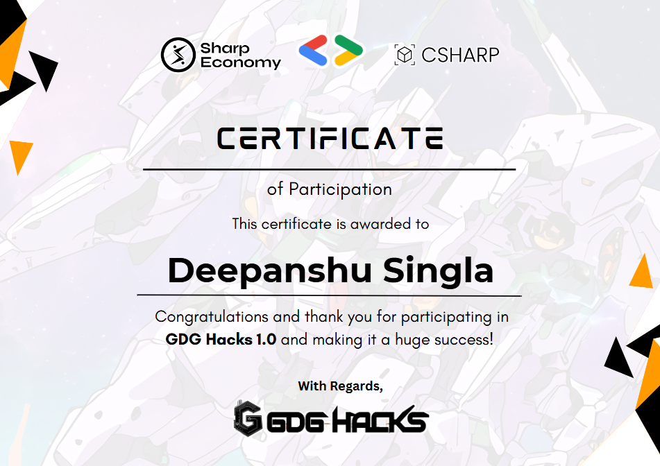 GDG Hacks hackathon certificate