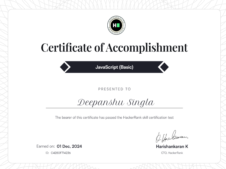 HackerRank - JavaScript (Basic) certificate