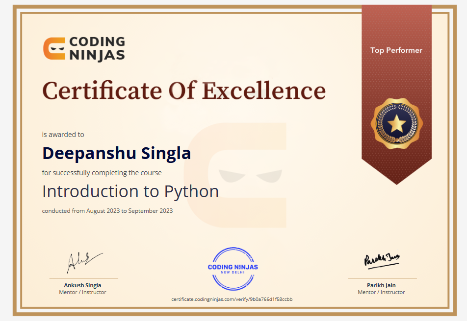 Coding Ninjas - Introduction to Python certificate