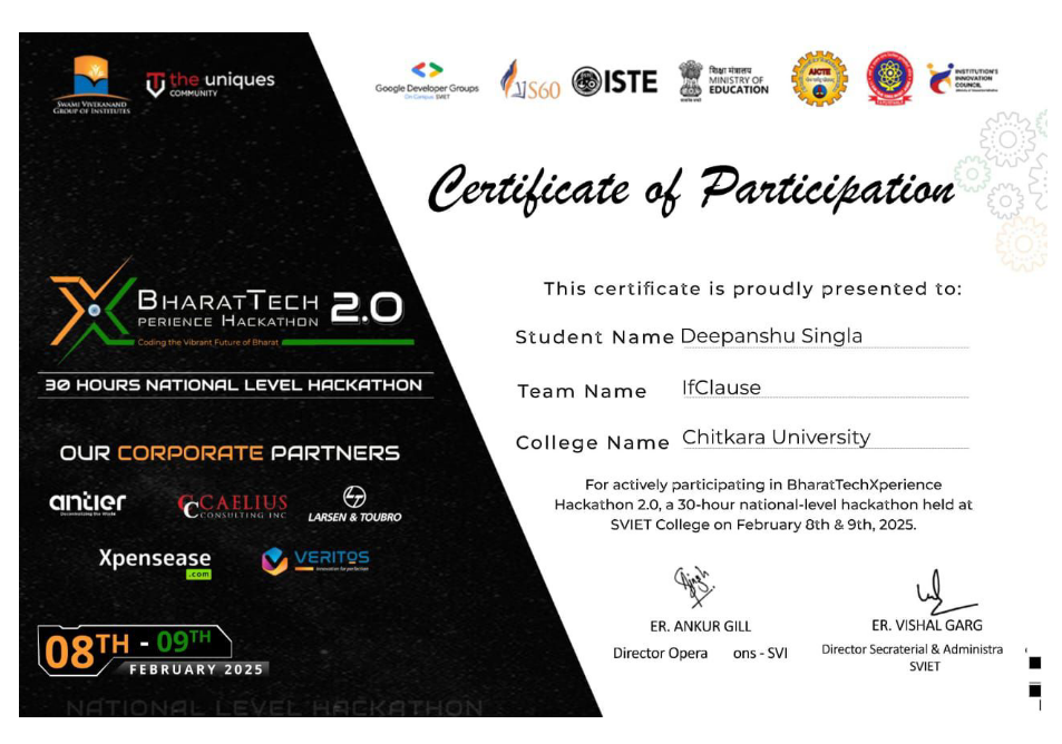 BharatTechperience 2.0 hackathon certificate